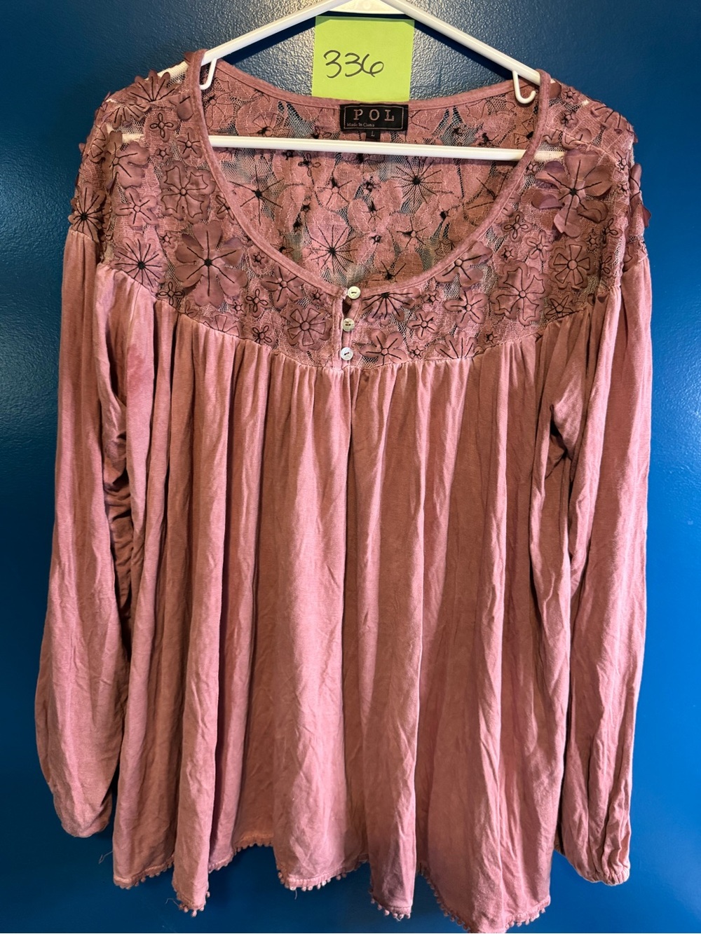 POL Dusty Rose Lace Yoke Long-Sleeve Tunic